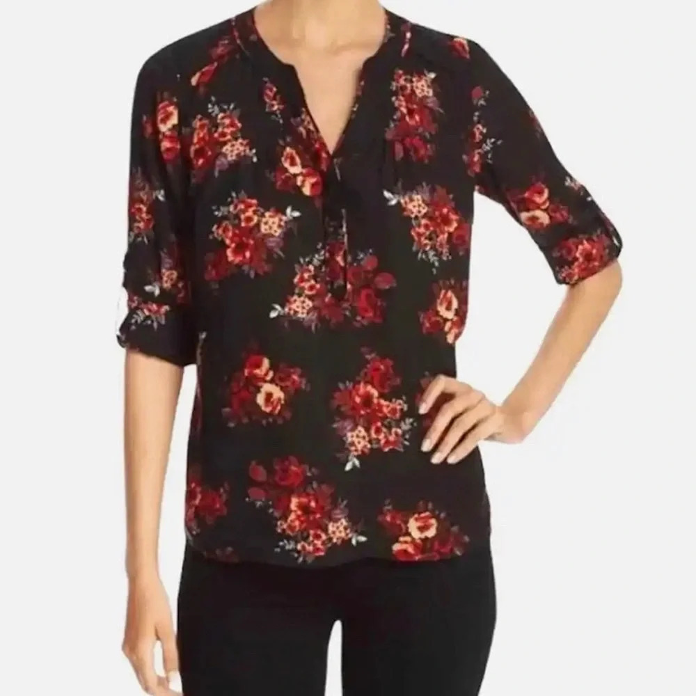 Daniel Rainn Split Neck Floral Blouse Roll Tab Sleeve Medium Chic Feminine